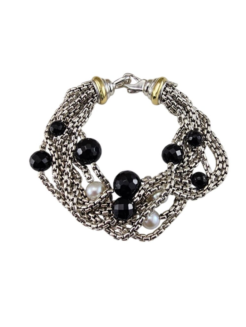 David Yurman Sterling Silver 18K Multi-Strand Pearl Onyx Bracelet w/Box #25110